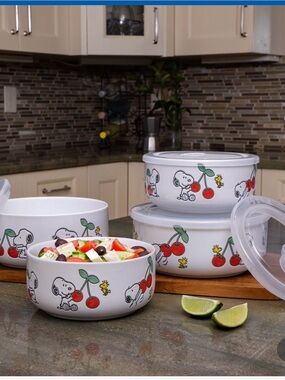(6)peanuts White Ceramic Bowls with Red Bows - Set